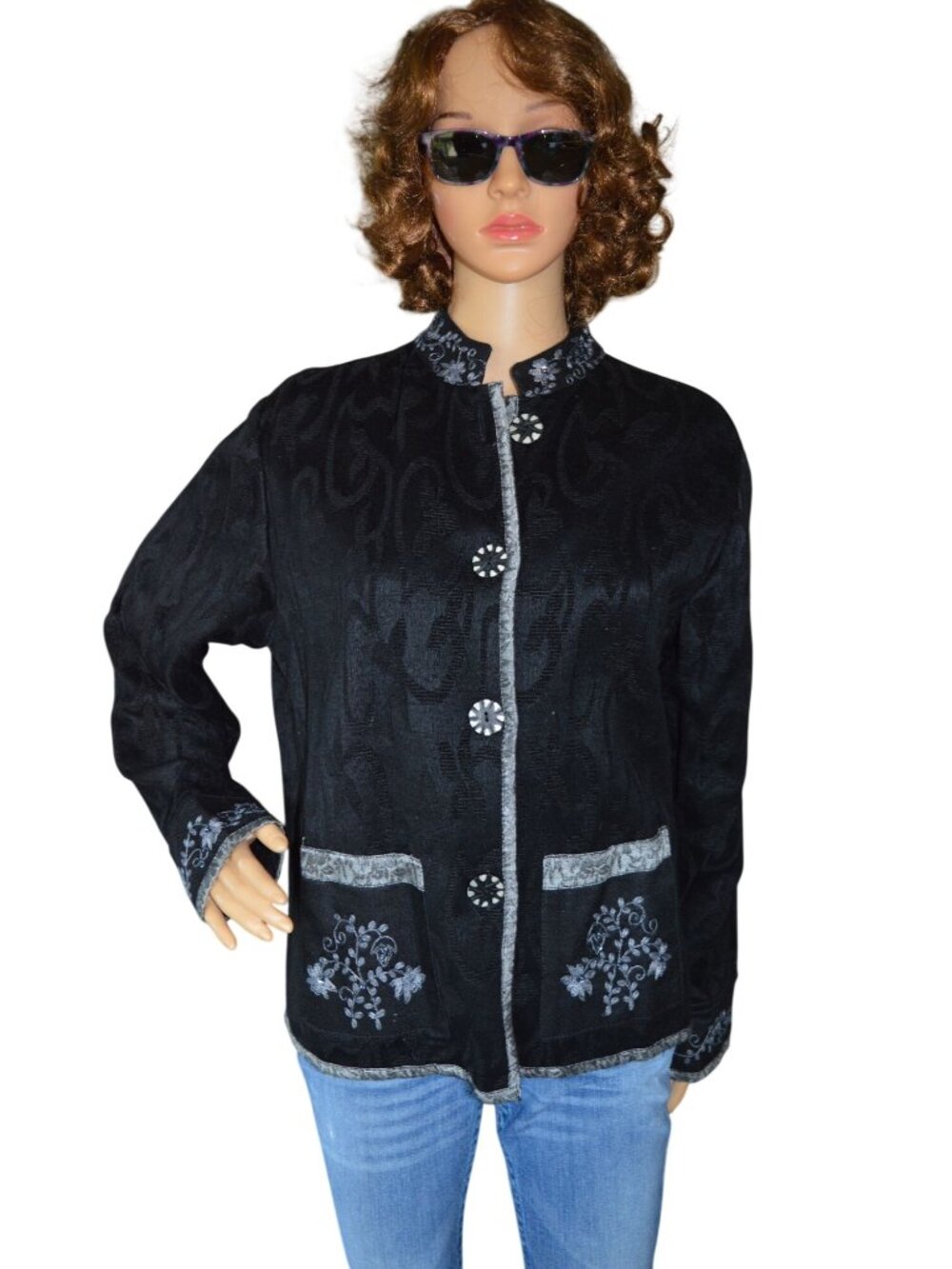 Vintage Flashback Black Chenille Embroidered Floral Jacket Coat Boho Women's M